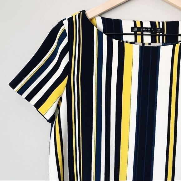 Zara Gold and Navy Blue Striped SS Blouse M EUC - Picture 2 of 6